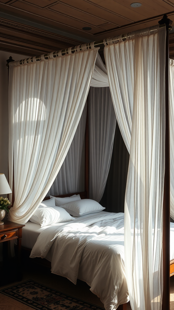 A cozy canopy bed with sheer curtains and white bedding in a softly lit room.