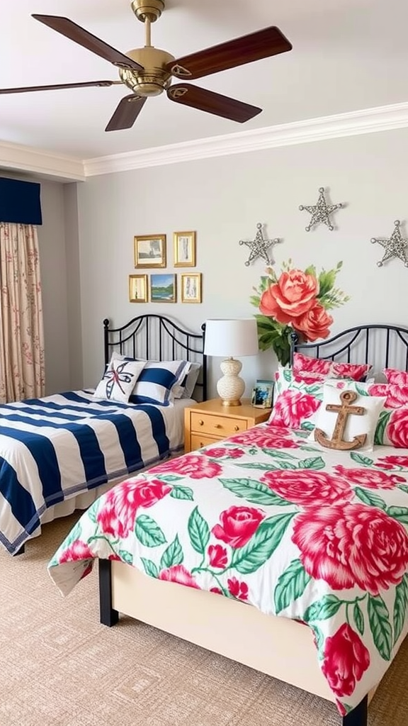 A room featuring two beds with distinct themes: one with navy stripes and anchor decor, the other with vibrant floral patterns.