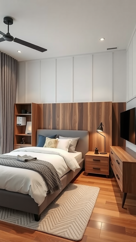 A stylish bedroom featuring dynamic modular furniture with a cozy bed, nightstand, and warm wood tones.