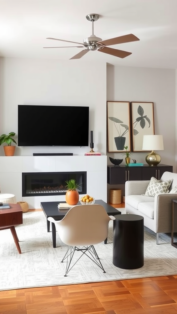 Stylish modern living room featuring Eames chair, coffee table, and decorative elements.