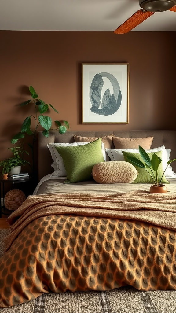 Cozy bedroom with earthy tones and green accents featuring a brown wall, textured bedding, and a decorative plant.