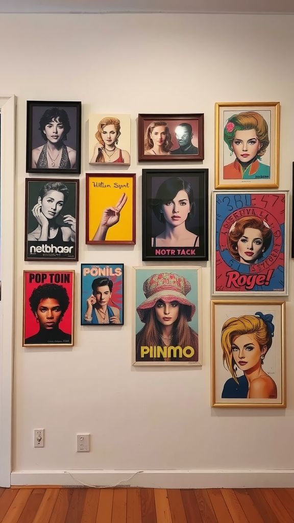 A vibrant wall filled with framed portraits and pop art from the 1980s.