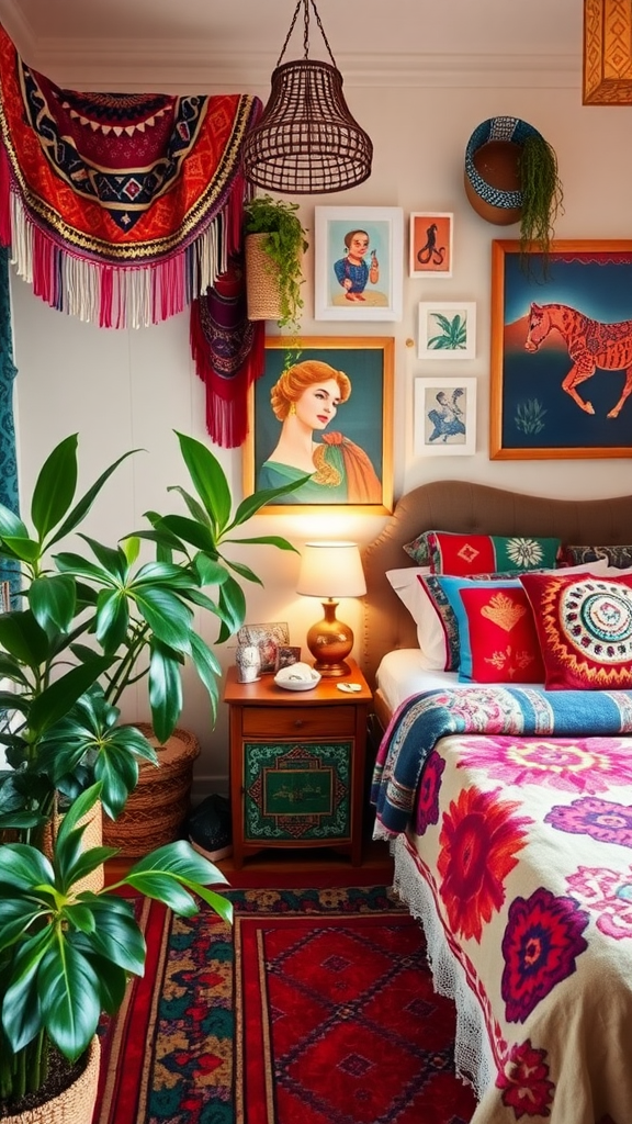 Cozy bedroom with eclectic bohemian decor featuring colorful textiles, plants, and framed artwork.