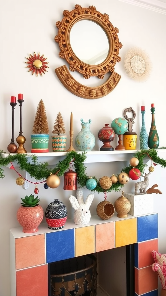 Colorful decor on a shelf with various vases, candles, and ornaments.