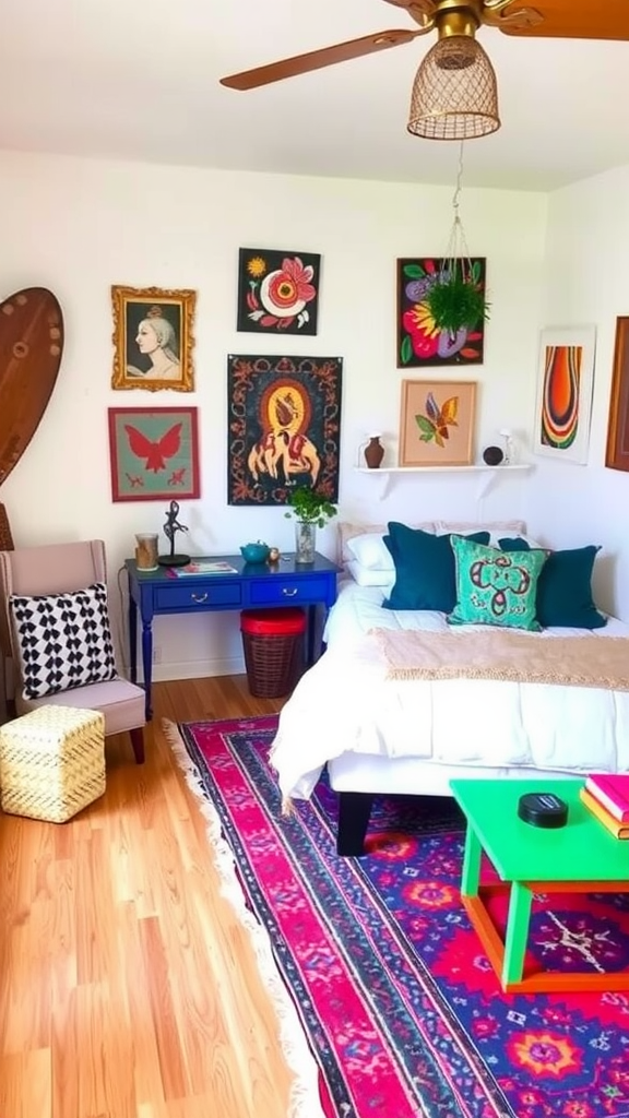 An eclectic bedroom with colorful art on the walls, a bright green table, and a cozy bed