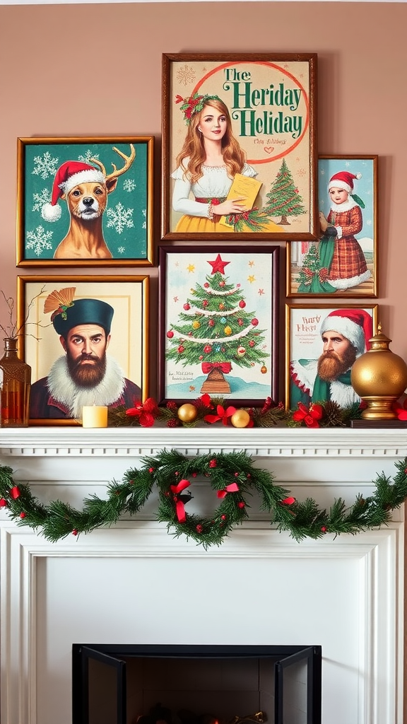 A vibrant collection of holiday-themed artwork featuring a reindeer, a woman, a child, and festive decorations.