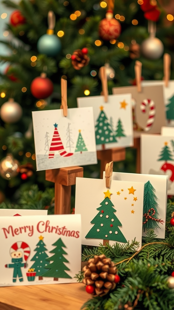 A display of colorful eco-friendly Christmas cards on a wooden stand, with a festive tree in the background.