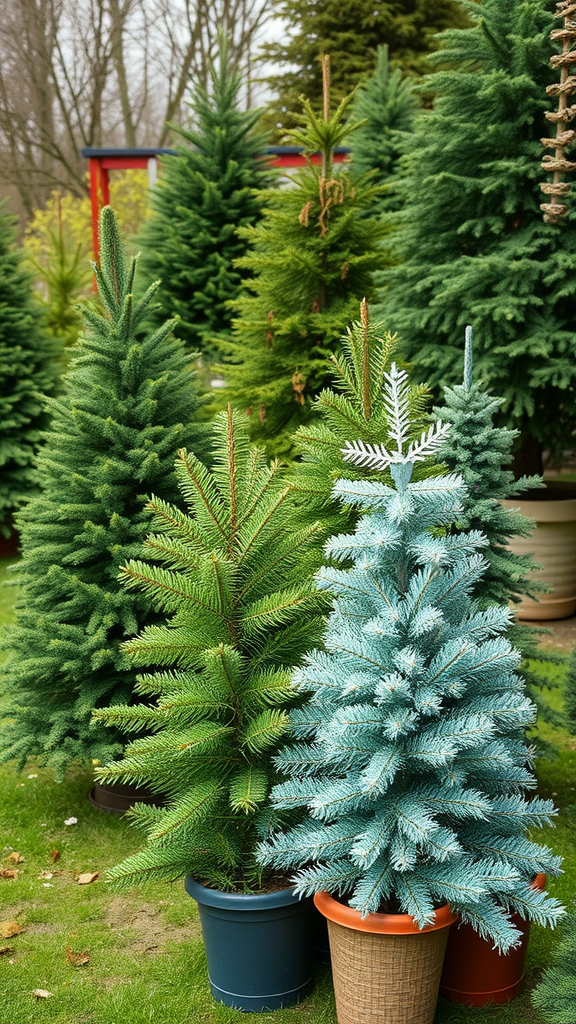 Variety of eco-friendly Christmas trees in different shades and sizes.