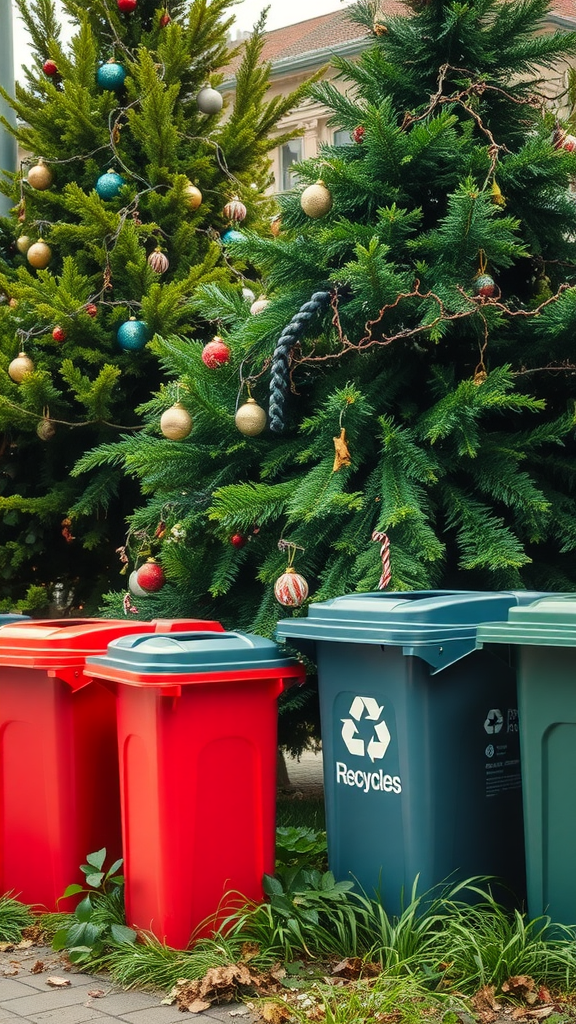 Image of Christmas trees next to colorful recycling bins