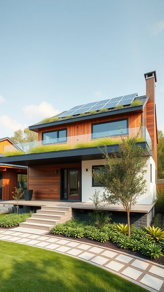 Eco-friendly house with a green roof and solar panels