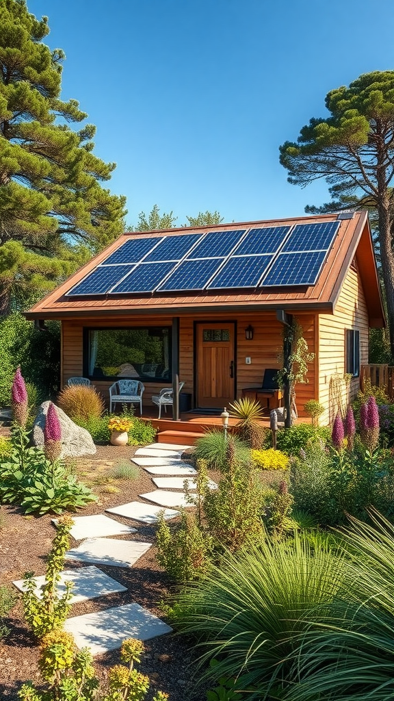 A cozy eco-friendly cottage with solar panels surrounded by lush gardens.