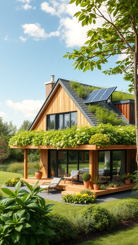 A beautiful eco-friendly green home with a rooftop garden and solar panels, surrounded by lush greenery.