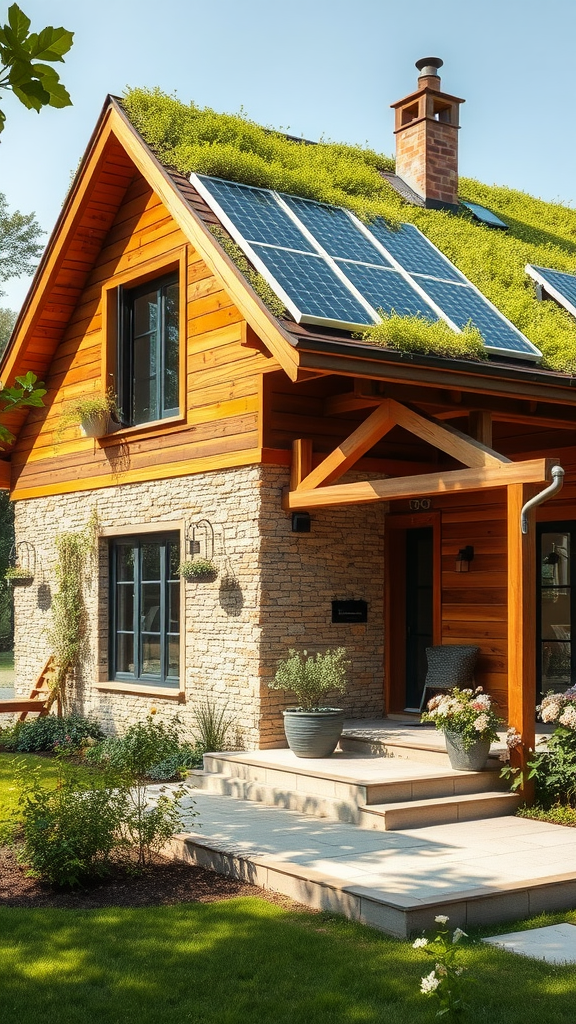 Eco-friendly home with a green roof and solar panels