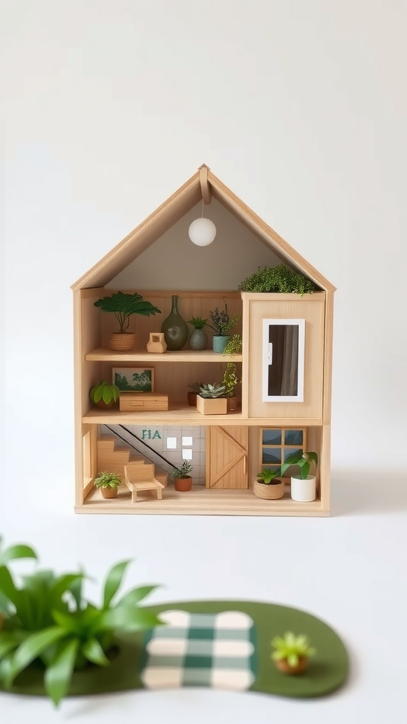 A wooden dollhouse with plants inside and a small green area outside.