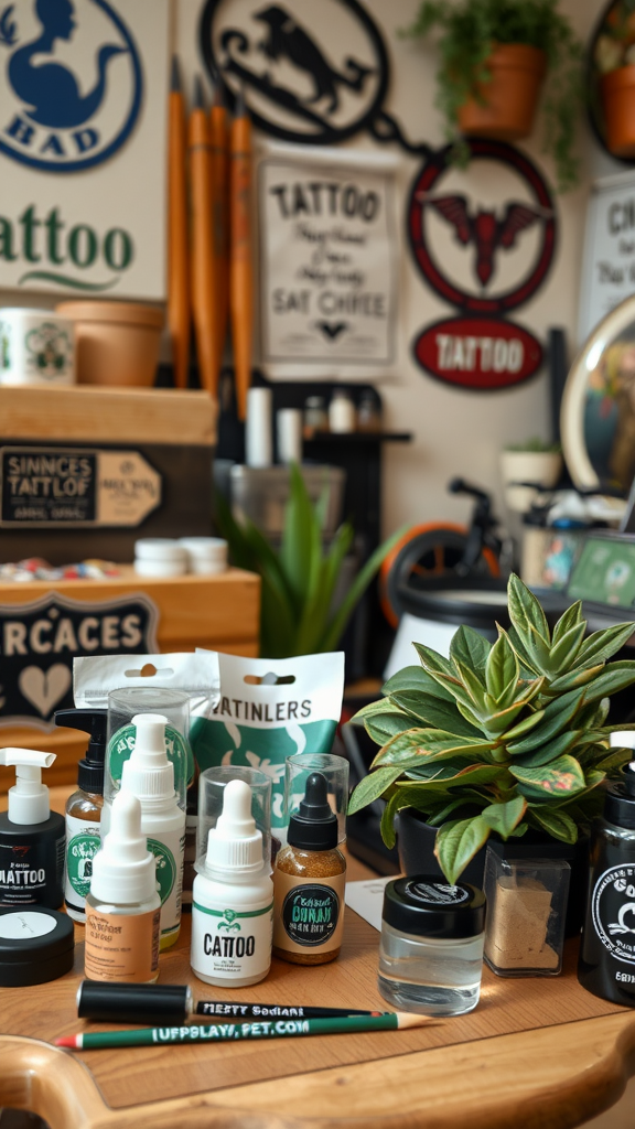 A tattoo studio's workspace featuring eco-friendly tattoo supplies and plants.