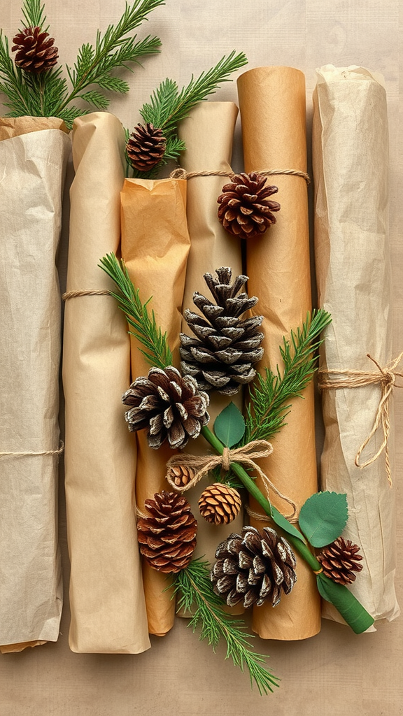 Eco-friendly wrapping materials including recycled paper and pine cones.