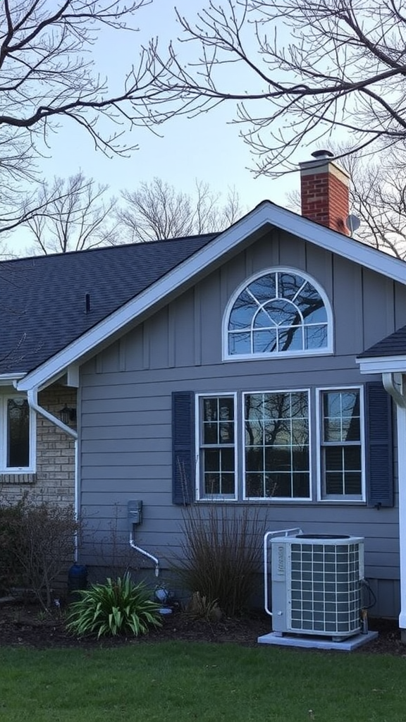 Exterior view of a house with a visible air conditioning unit and well-maintained landscaping.