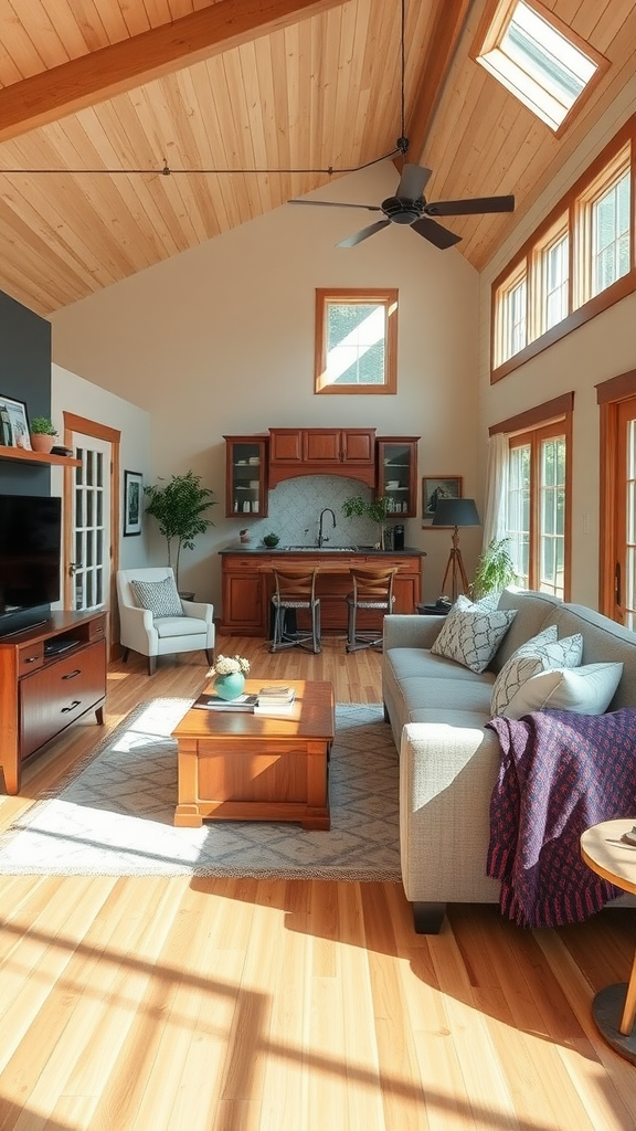 A bright and open living space featuring a kitchen area, comfortable seating, and large windows.