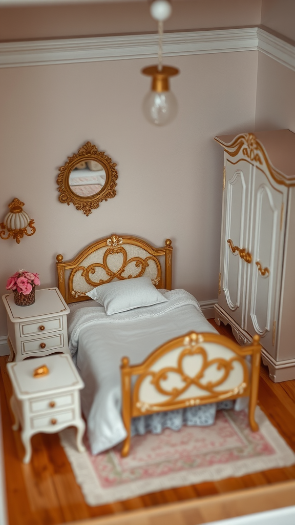 Stylish bedroom with a bed, bedside tables, a mirror, and a wardrobe featuring golden accents.