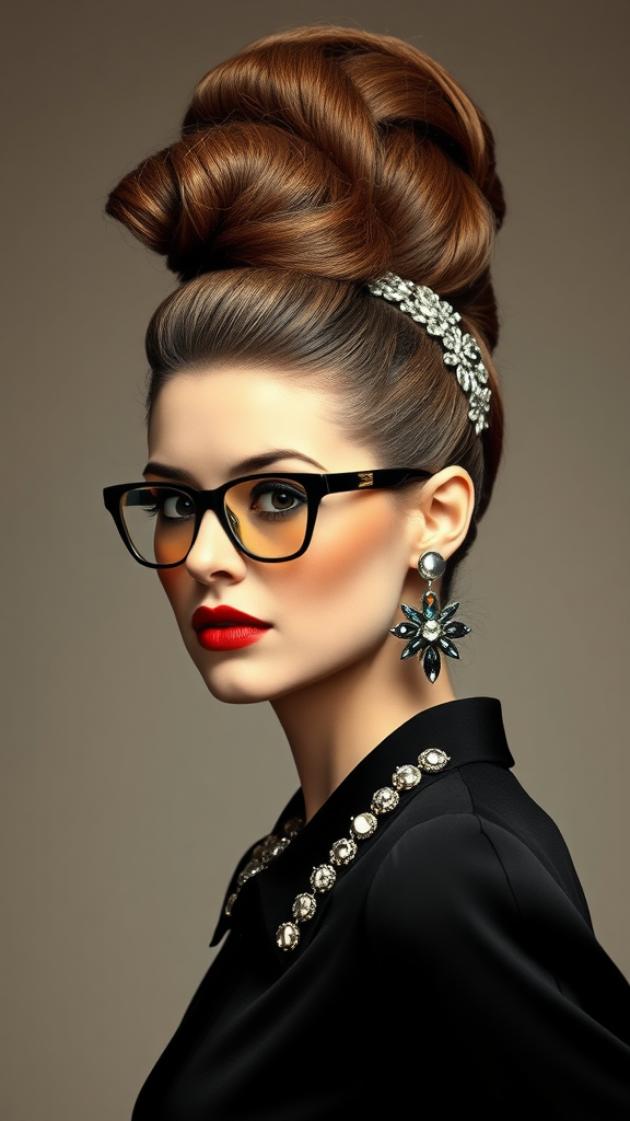 A woman with a stylish beehive hairstyle, wearing glasses and elegant earrings.