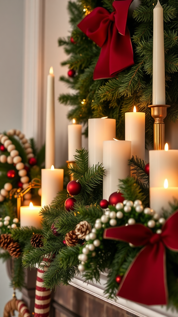 Beautiful candle arrangements with greenery and red bows.