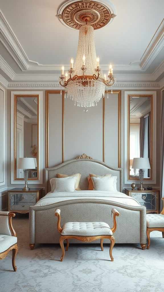 Luxurious bedroom with an elegant chandelier and lavish decor.