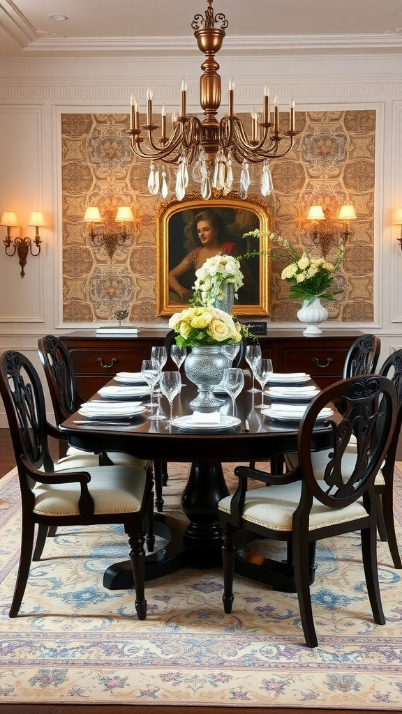 An elegant dining room featuring a round table, chandelier, and floral arrangements.