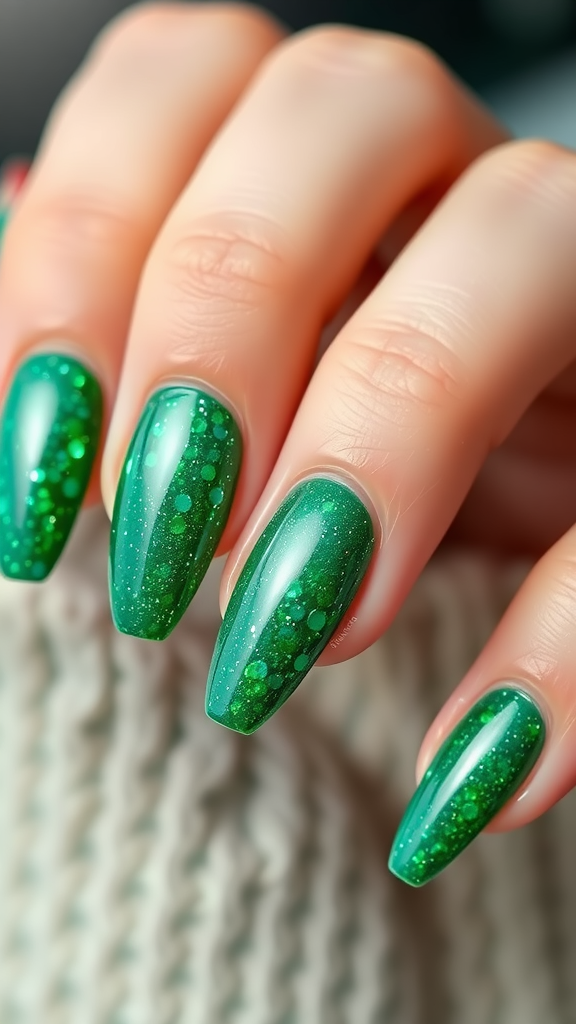 Close-up of emerald green sparkling nails.