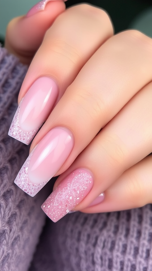 Stylish nails featuring pink French tips with glittery accents