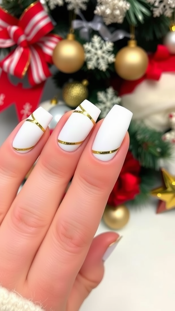 Close-up of elegant gold and white nails against a Christmas backdrop