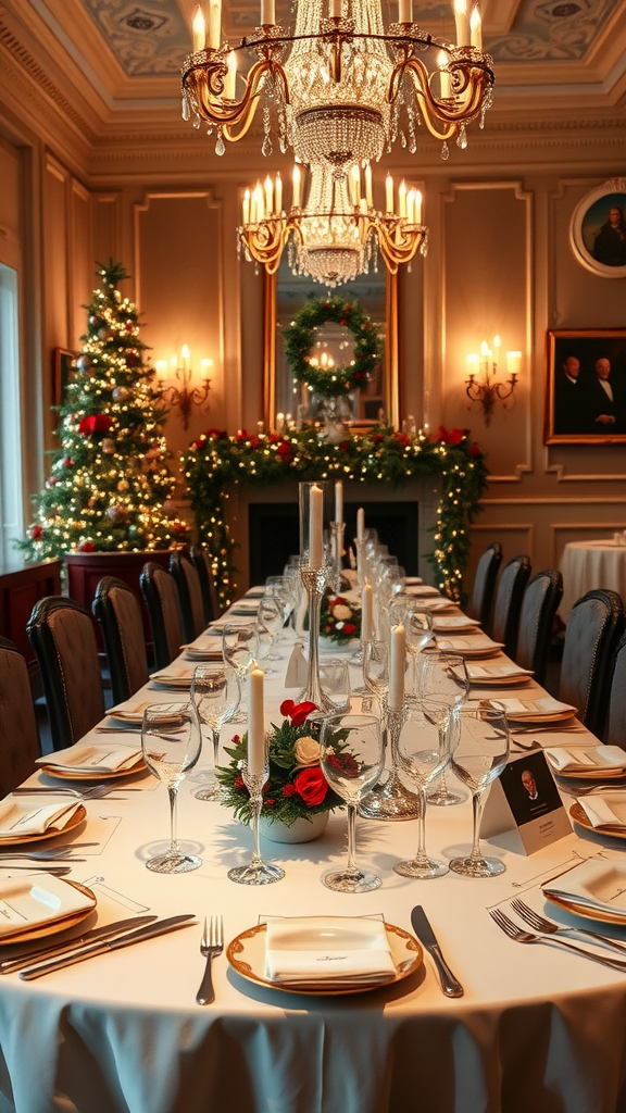 A beautifully set formal dining table for a gathering, featuring a Christmas tree, candles, and elegant place settings.