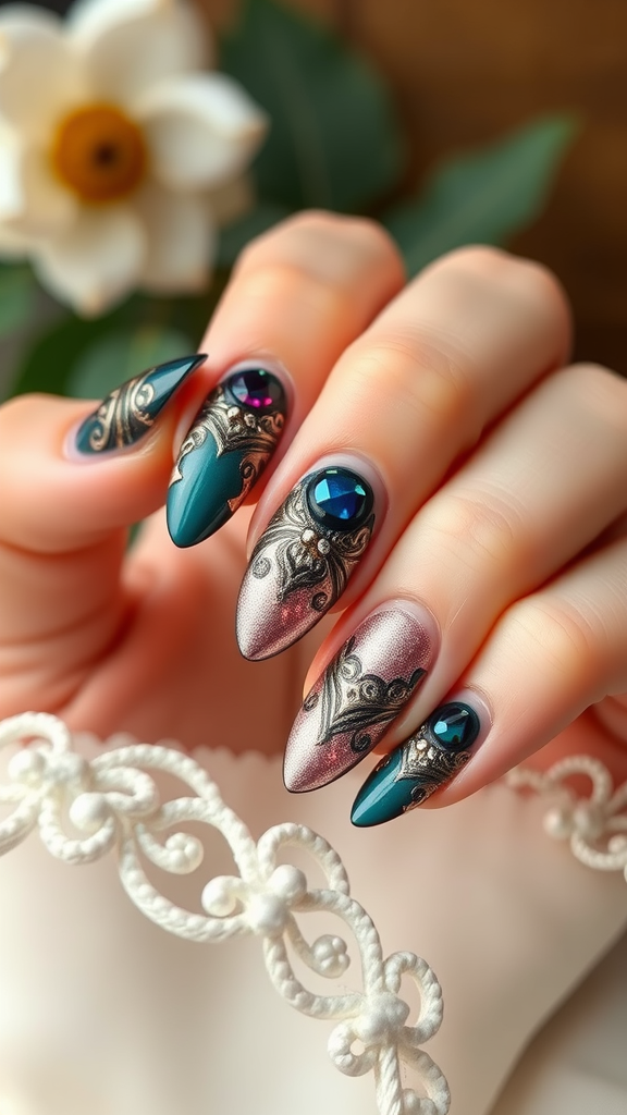 Close-up of elegantly designed jewel-toned nails with intricate patterns and gemstones.