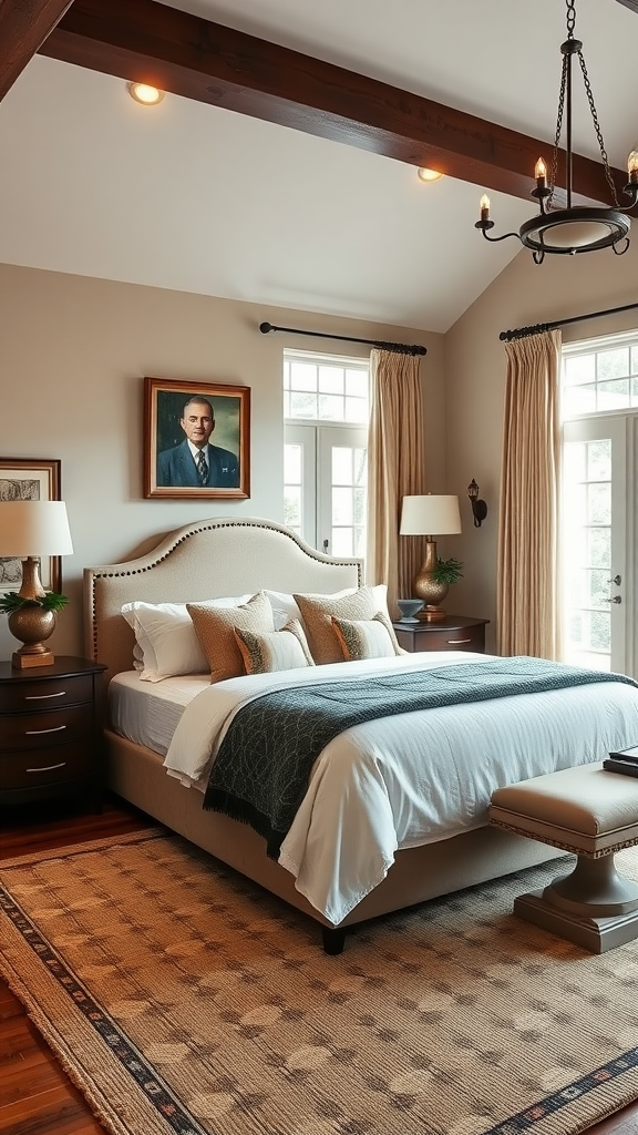 A beautifully decorated master suite featuring a large bed, elegant lighting, and soft color tones.