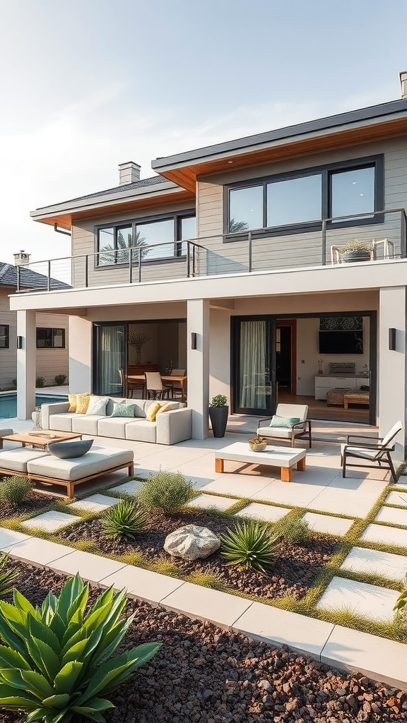 A stylish outdoor living space featuring comfortable seating, greenery, and stone pathways.