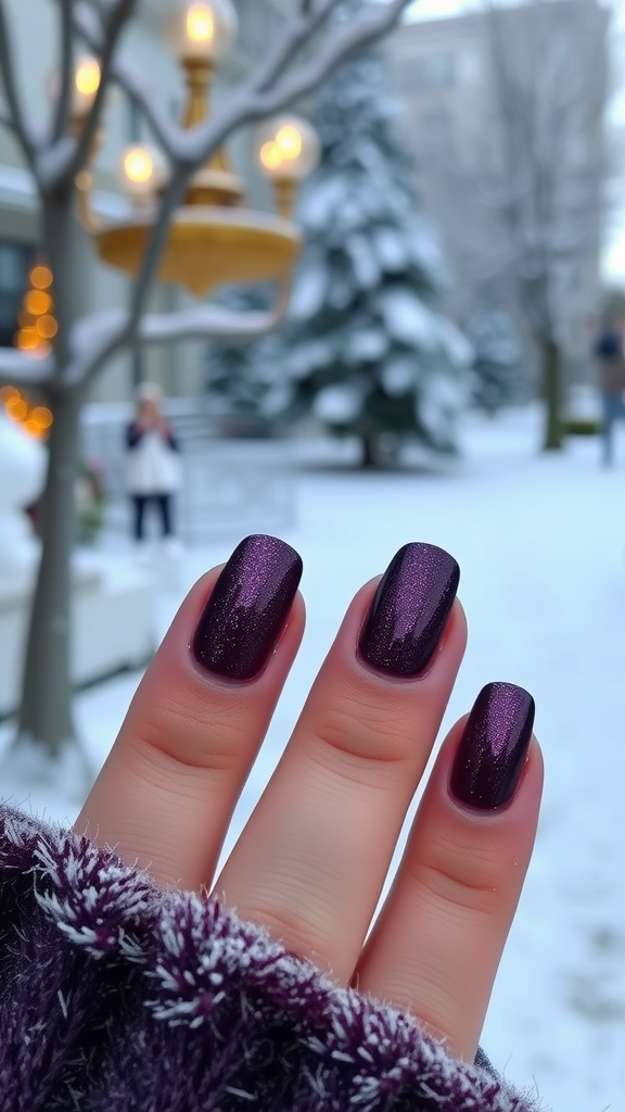 Close-up of manicured nails painted in a shimmering plum color against a snowy background