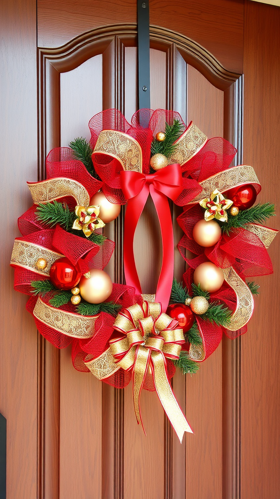 A red and gold mesh wreath with ornaments and a bow hanging on a wooden door
