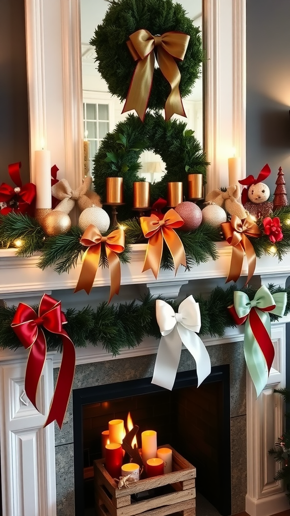 A beautifully decorated fireplace mantel featuring festive ribbons, candles, and ornaments.