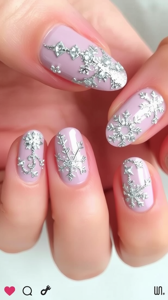 Nail art design with lavender base and silver snowflake accents