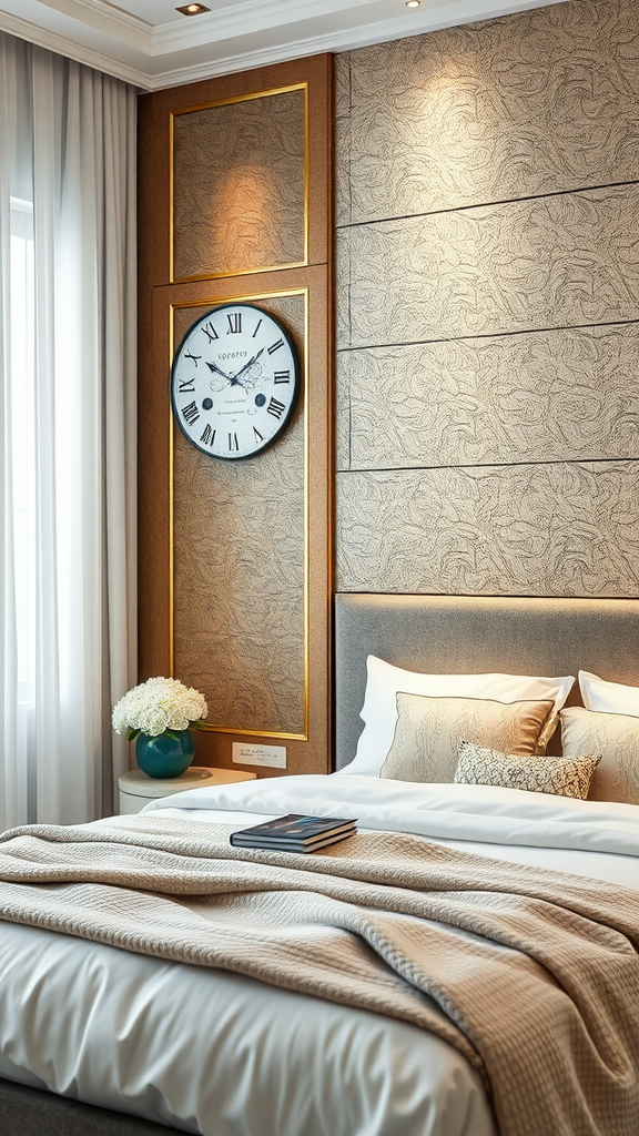 A cozy bedroom featuring textured wall panels with gold accents and a stylish wall clock.