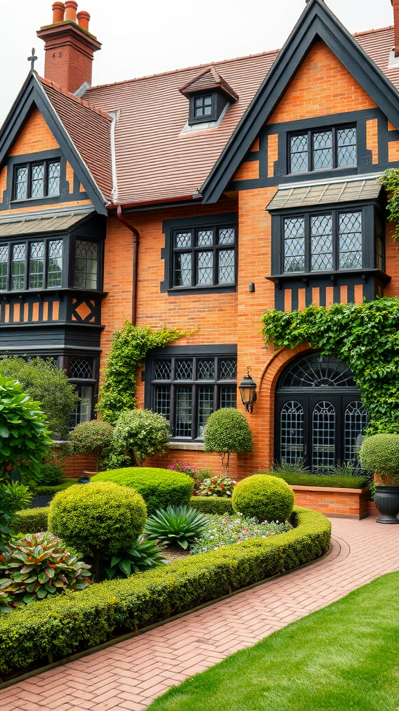 A stunning Tudor style house featuring brick walls, black timber accents, and a landscaped garden.