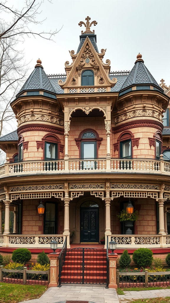 A beautifully detailed Victorian mansion with ornate features and a welcoming porch.