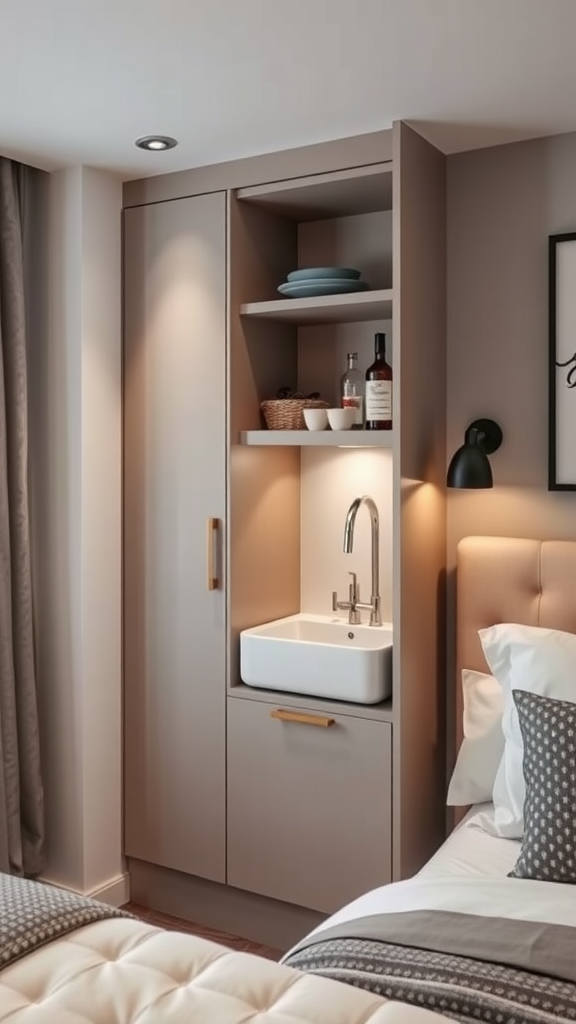 A stylish wall-mounted unit in a bedroom featuring a sink, shelves, and cabinet space.