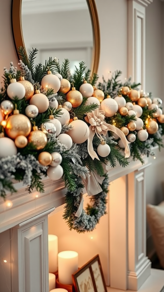 A beautifully decorated fireplace mantle with white and gold ornaments, greenery, and soft lighting.