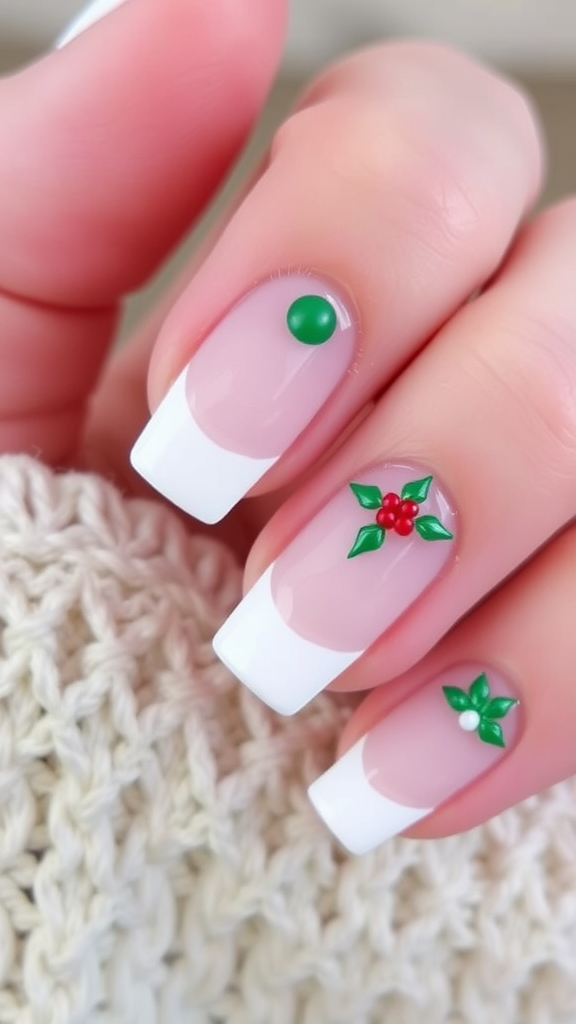 Elegant white French tips with festive holiday nail art.