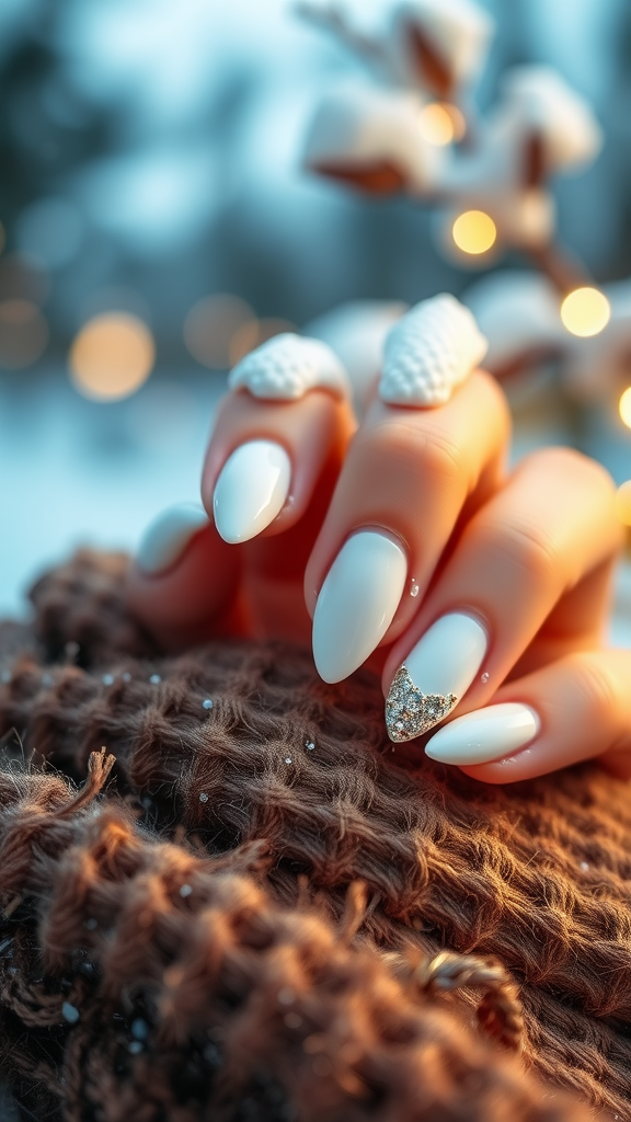 Close-up of beautifully manicured nails with white polish and diamond embellishments.