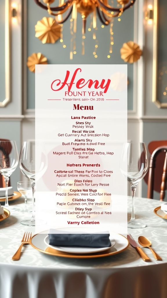A beautifully set table with a festive menu and elegant decor in warm red and gold colors.