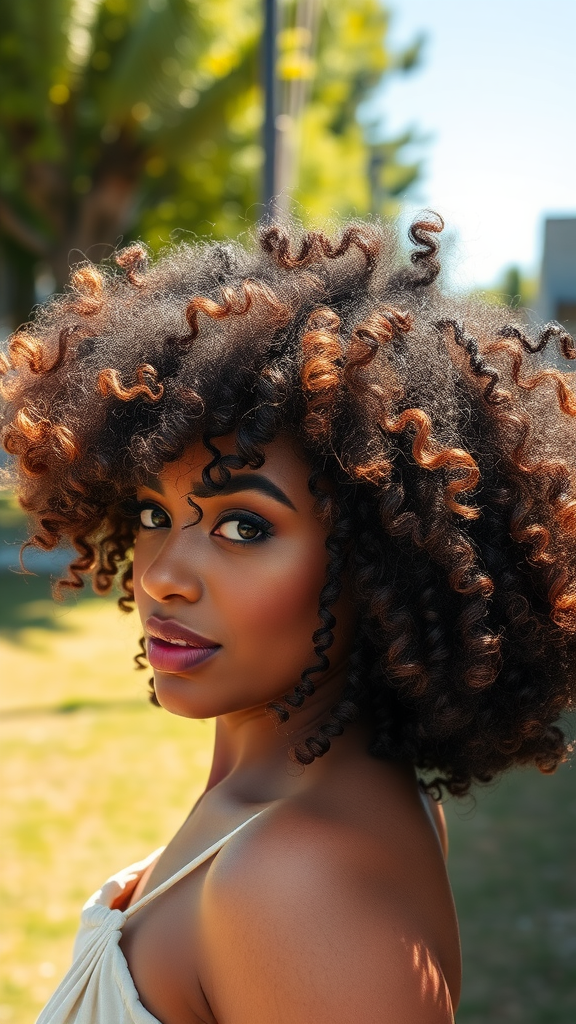 Woman with beautiful curly hair enjoying a sunny day outdoors.