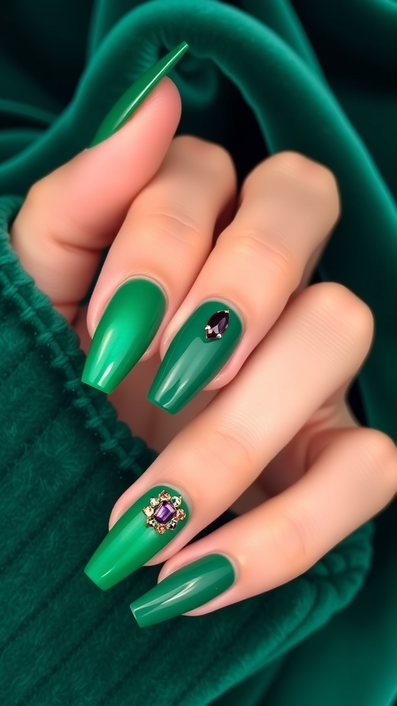 Nails painted emerald green with jewel tone accents