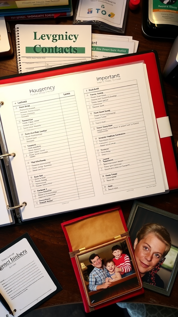 A binder with emergency contacts and important documents, alongside family photos.