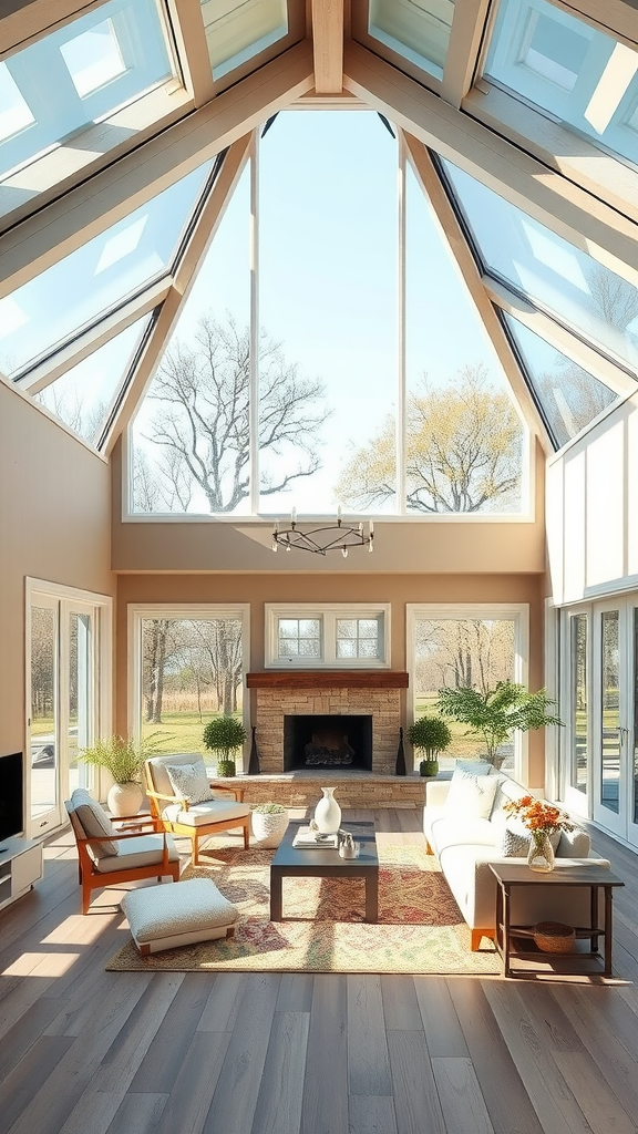 Bright living room with large windows and skylights, showcasing natural light.